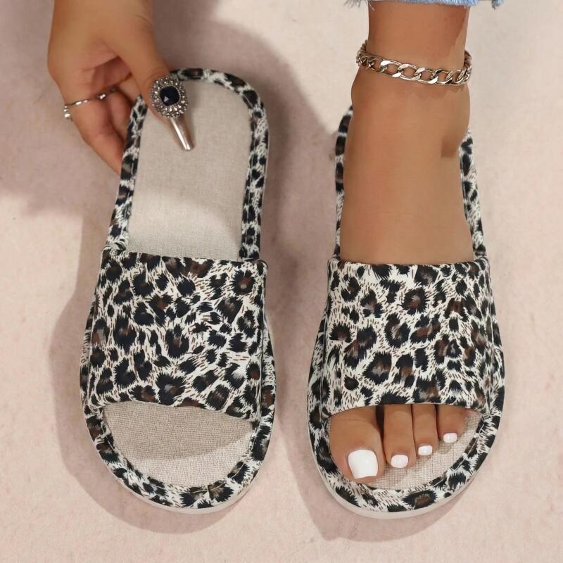 Home Textile - Chaussons d'intérieur léopard en lin pour